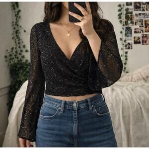 Y2K Black Sparkle Wrap Top Cropped Sheer Bell Sleeve Goth S